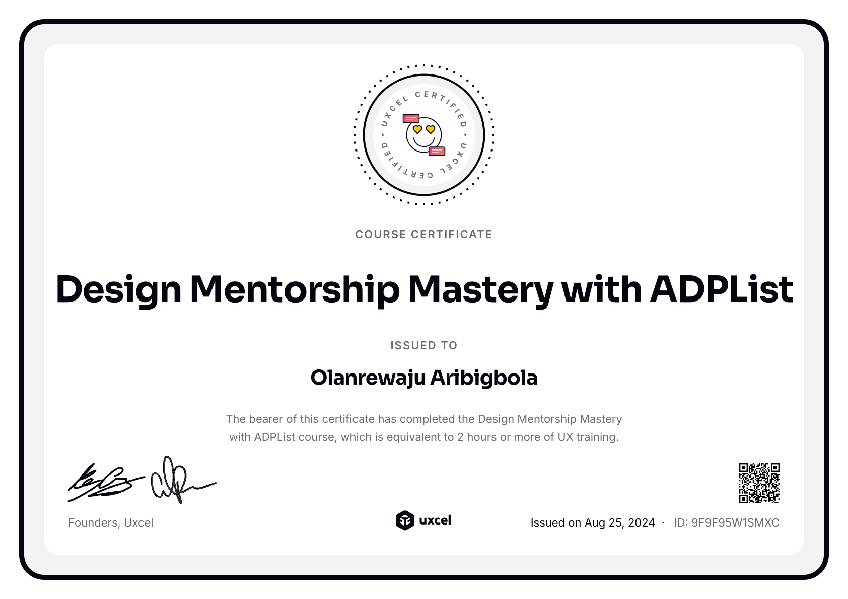 Olanrewaju Aribigbola's certificate